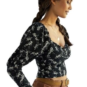Anthropologie Black Floral Sweetheart Puff Sleeve Smocked Top Large NWT